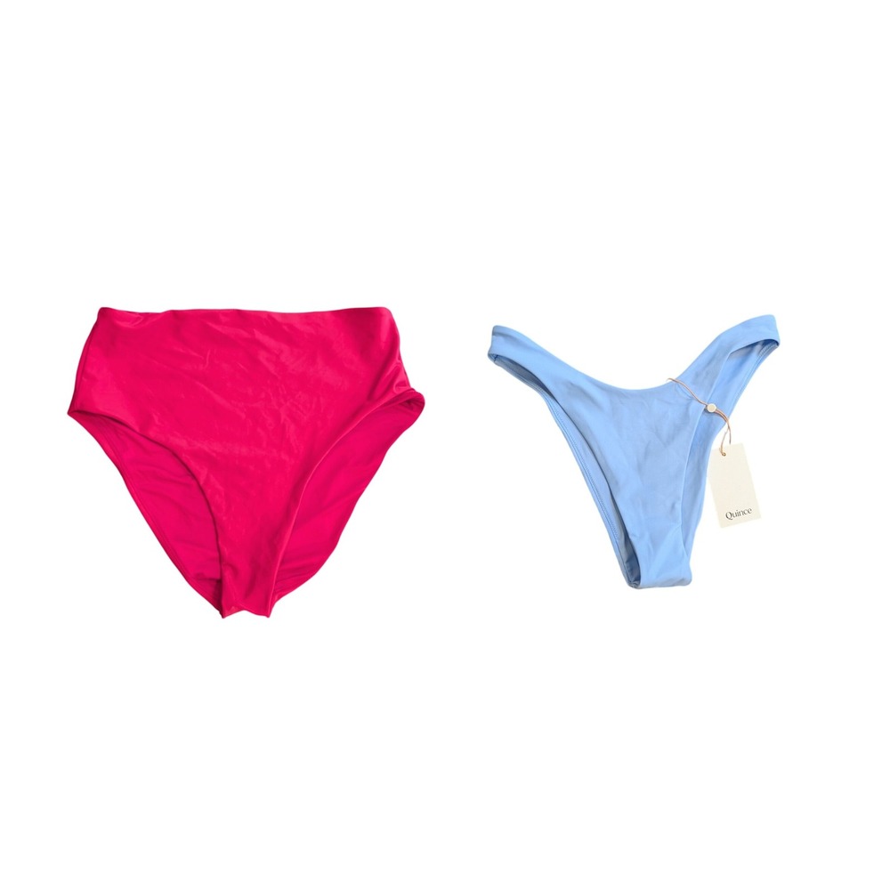 Quince Swim Bikini Bottoms Lot of 2 Blue High Cut & Red High Waisted Small NWT